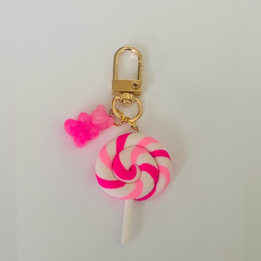 Hot Pink & Pastel Pink Swirl Lollipop Keychain with Pink Gummy Bear Charm